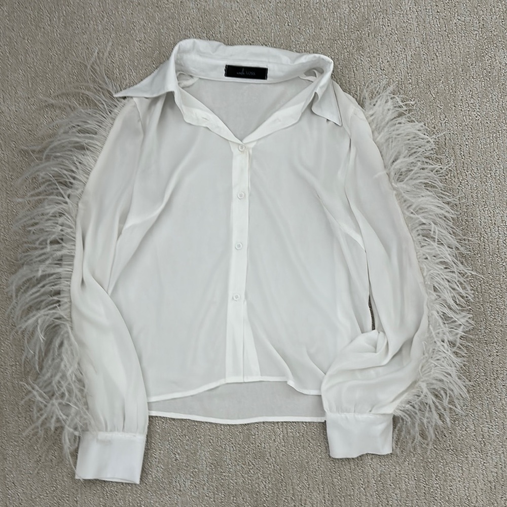 Elegant White Feather-Trimmed Blouse